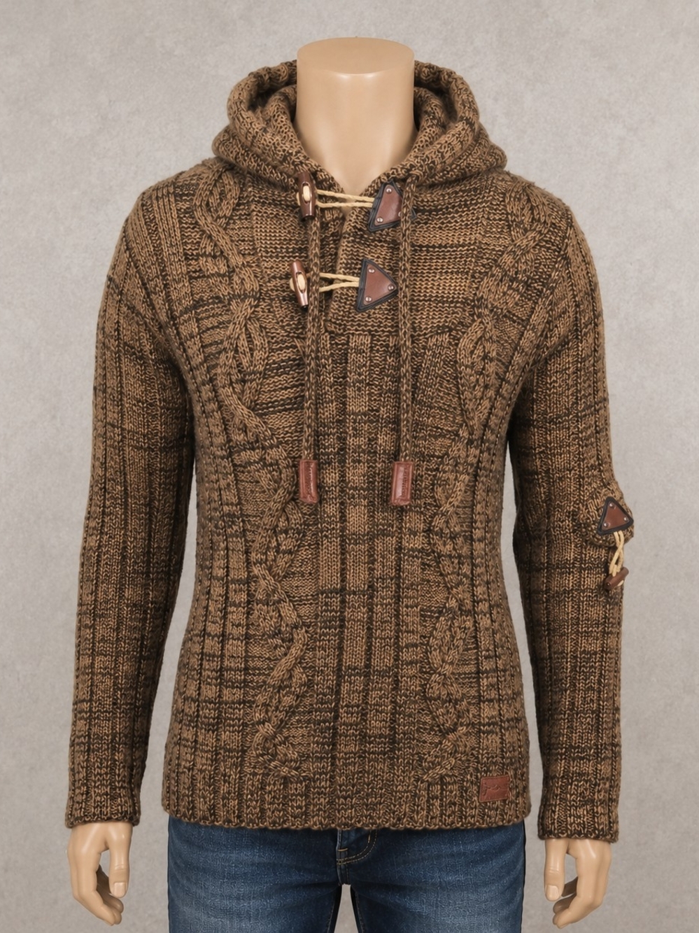 Leif Nelson Y2K Chunky Knit Hoodie Sweater Mens Large Fits Small Brown Toggle